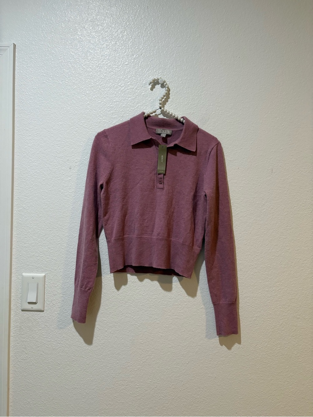 NEW J. Crew XS Cropped Long-Sleeve Polo Cashmere Sweater - Mauve